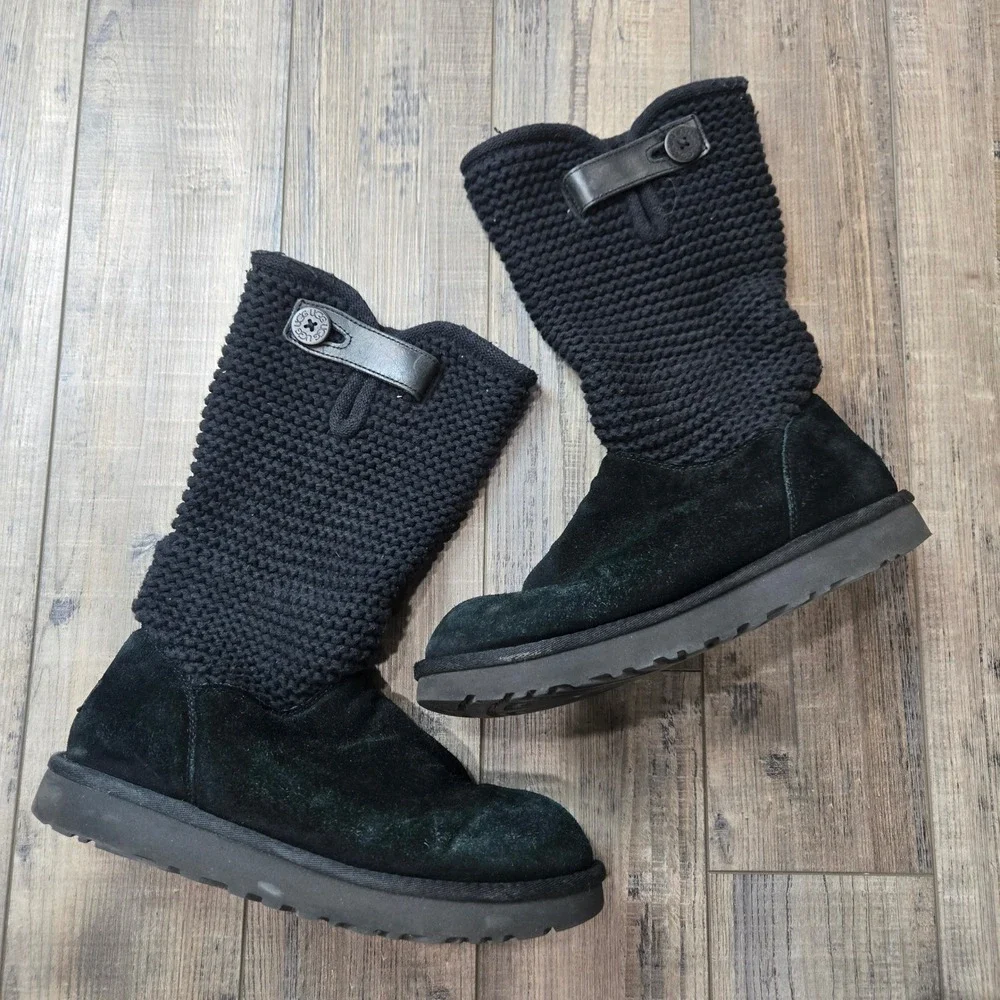 UGG Australia Shaina Black Knit Suede Boots Womens 9 Cuff‎ Fold Cozy Fall Winter